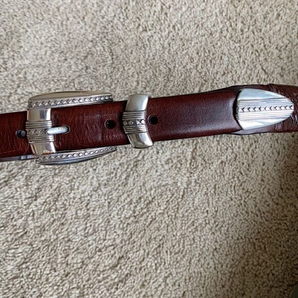 Brown Leather Belt BRIGHTON Braided Silver Medallions and Buckel Size 34 - Picture 4 of 9